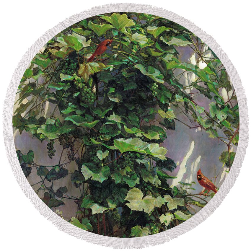 American Round Beach Towel featuring the painting Two Cardinals On The Vine Tree by Svitozar Nenyuk