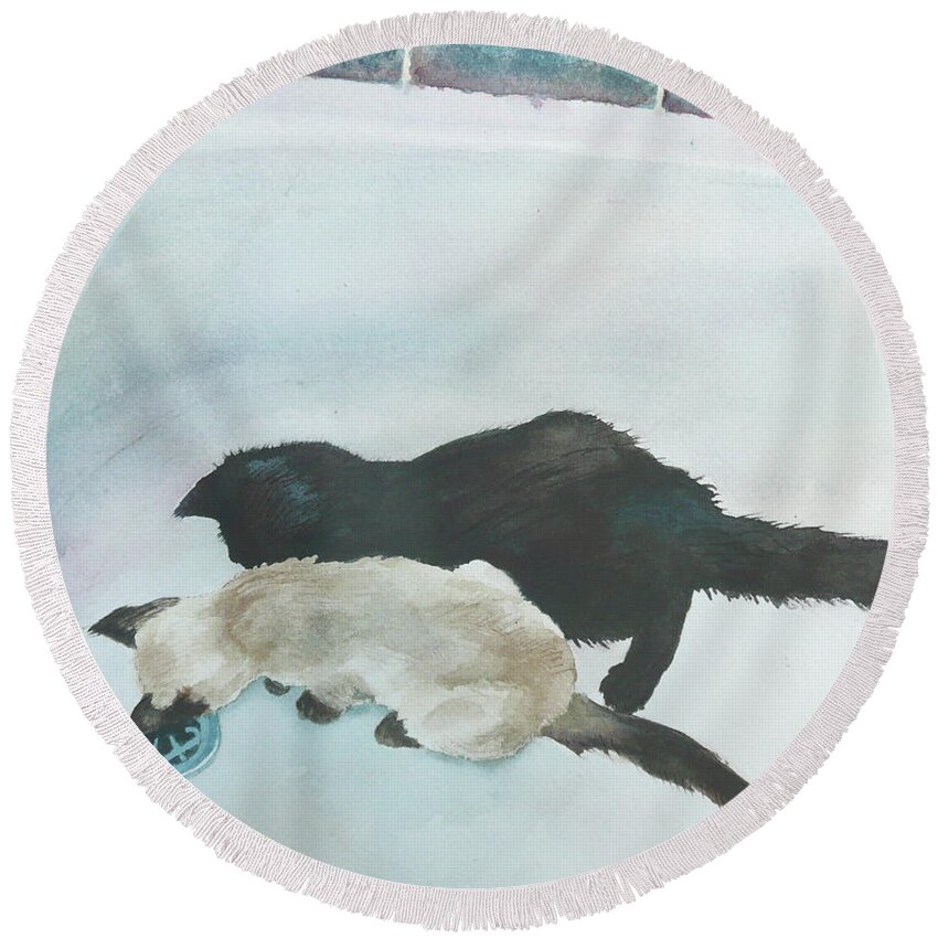 Bathtub Painting Round Beach Towel featuring the painting Two Cats in a Tub by Anne Gifford