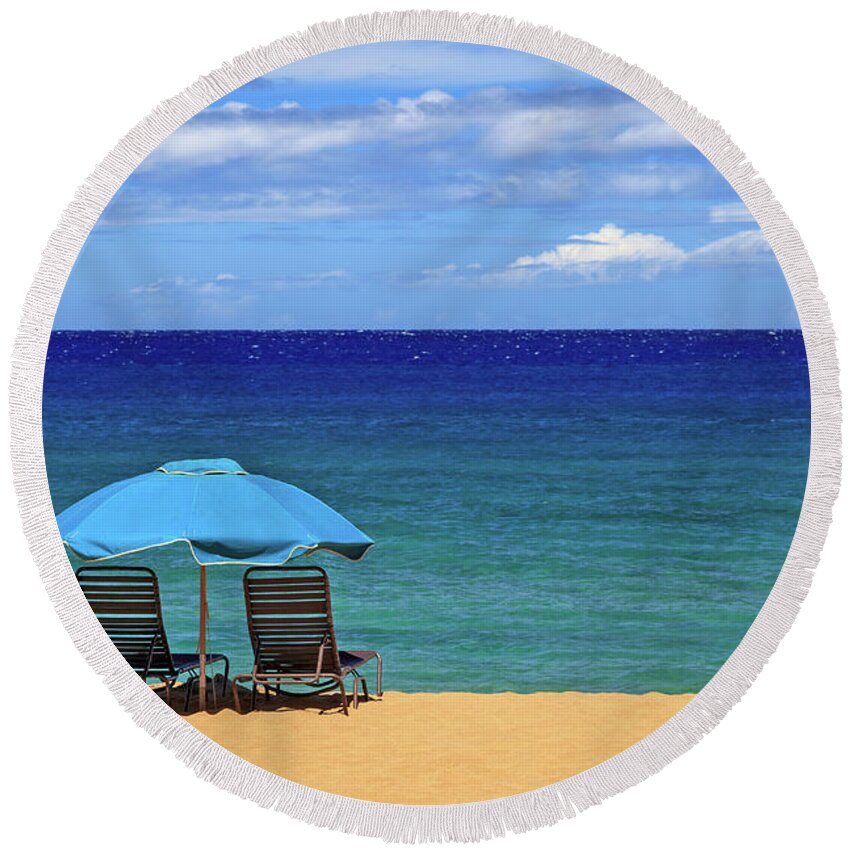 Chairs Round Beach Towel featuring the photograph Two Chairs And An Umbrella by James Eddy