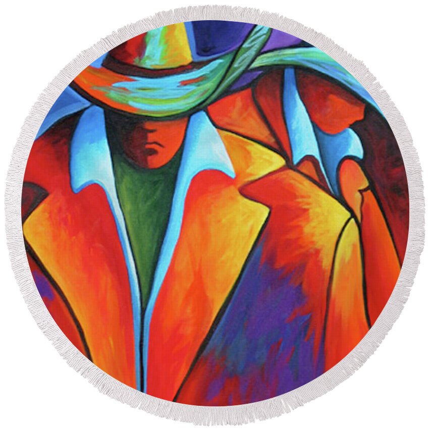 Nature Round Beach Towel featuring the painting Two Cowboys by Lance Headlee