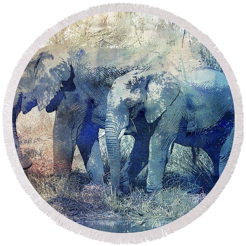 Photo Round Beach Towel featuring the digital art Two Elephants by Jutta Maria Pusl