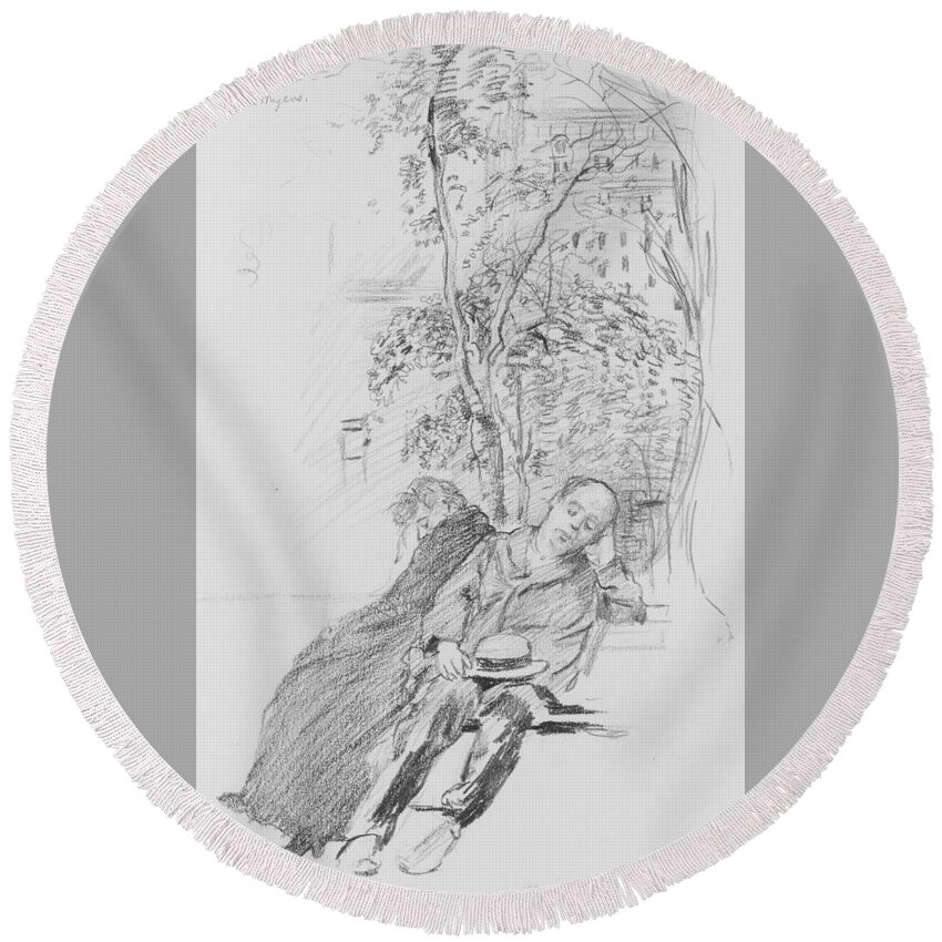 American Art Round Beach Towel featuring the drawing Two Figures in a Park by Jerome Myers