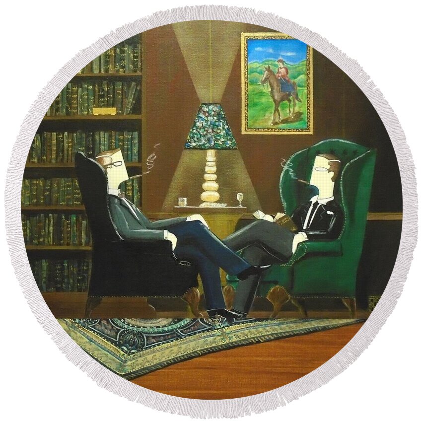 John Lyes Round Beach Towel featuring the painting Two Gentlemen Sitting in Wingback Chairs at Private Club by John Lyes