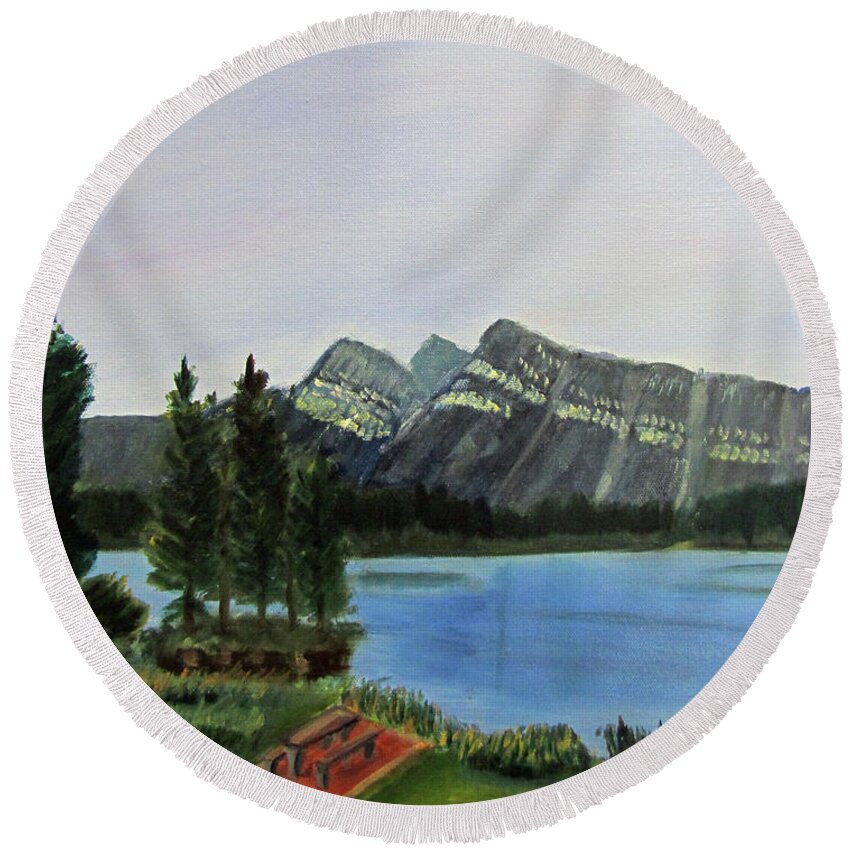 Lake Round Beach Towel featuring the painting Two Jack Lake by Linda Feinberg
