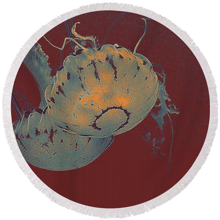 Nature Round Beach Towel featuring the painting two Jelly fish by Celestial Images