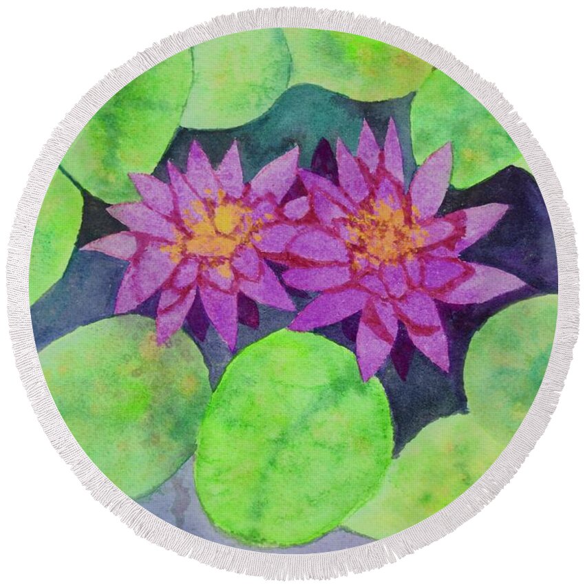  Round Beach Towel featuring the painting Two Lotus Blossoms by Barrie Stark