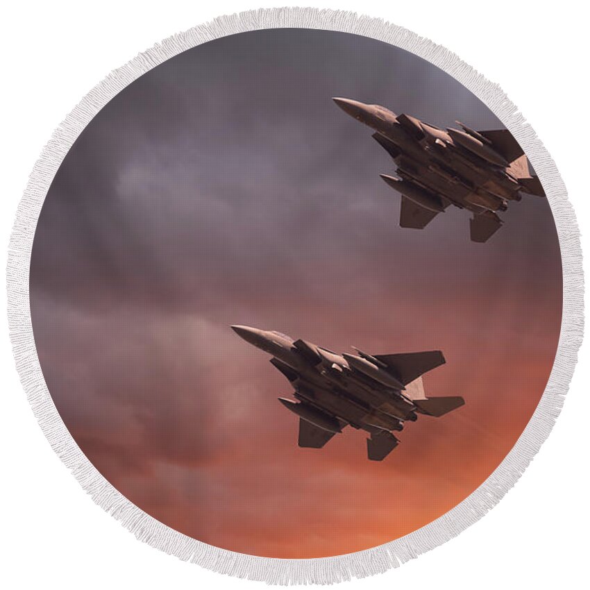 Usaf Round Beach Towel featuring the photograph Two low flying F-15E Strike Eagles at sunset by Simon Bratt
