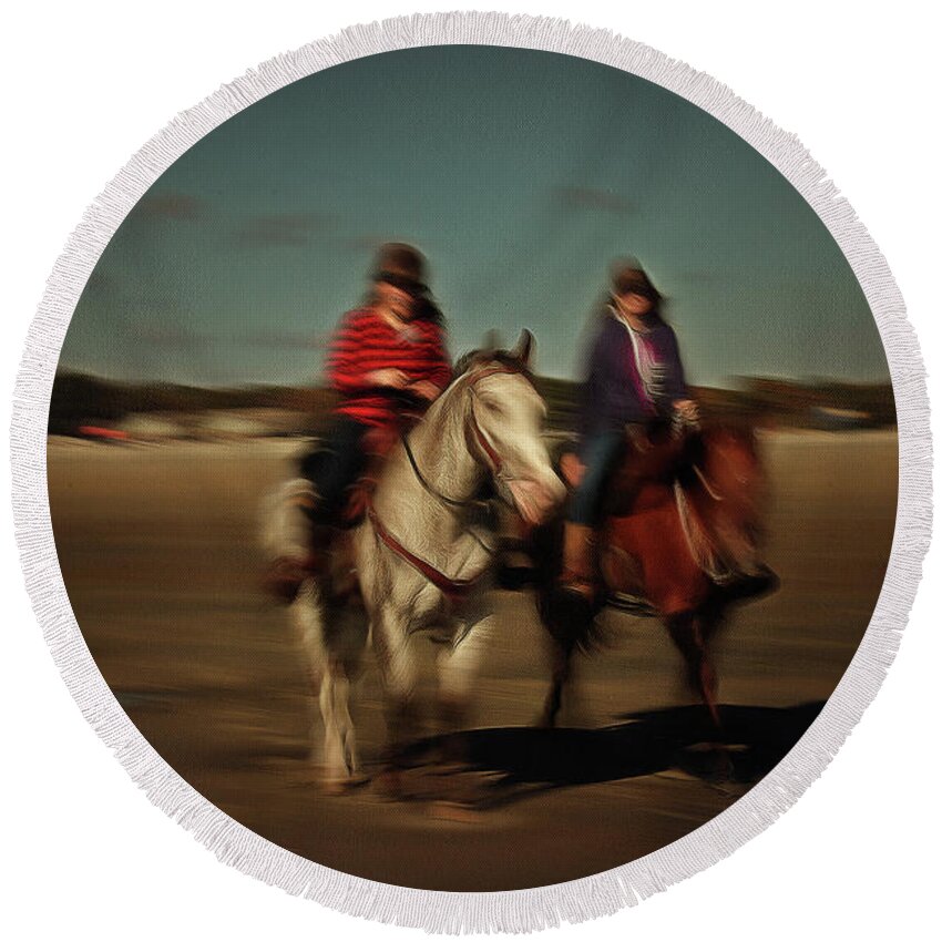 Horses Round Beach Towel featuring the photograph Two on the Road by Aleksander Rotner