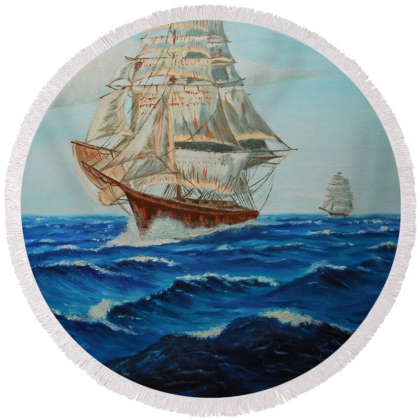 Ship Round Beach Towel featuring the painting Two Ships Sailing by Quwatha Valentine