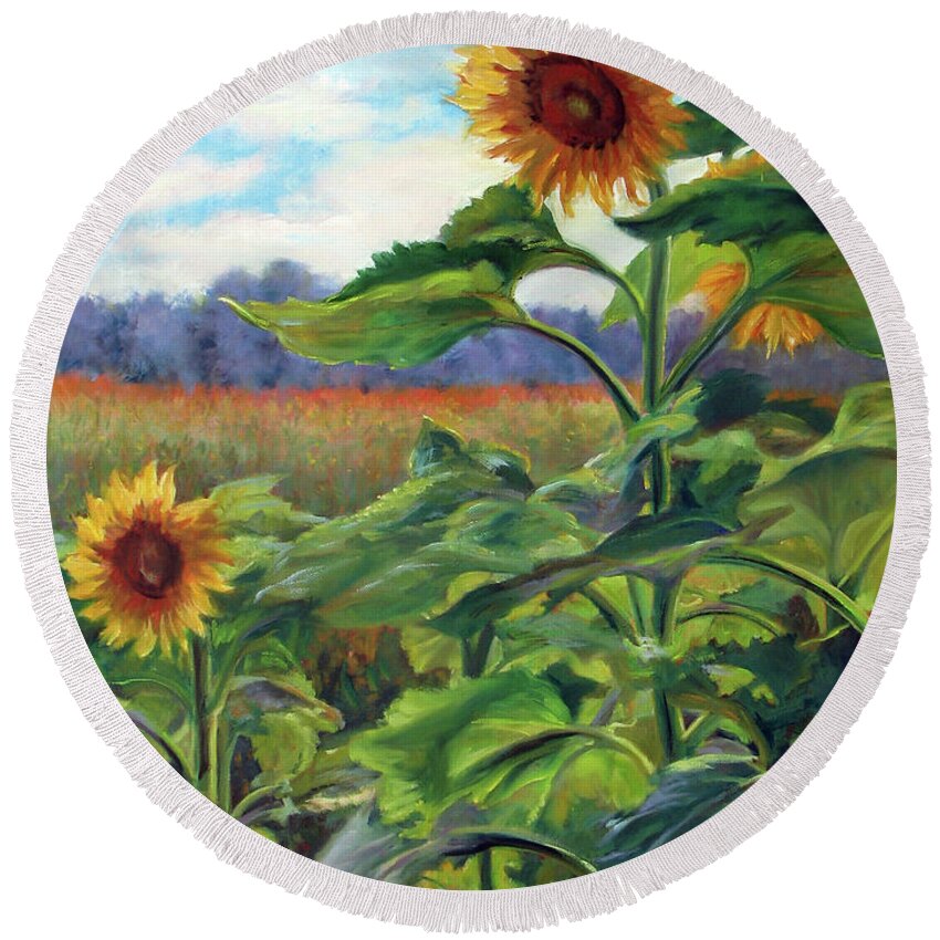 Sunflowers Round Beach Towel featuring the painting Two Sunflowers by Marie Witte