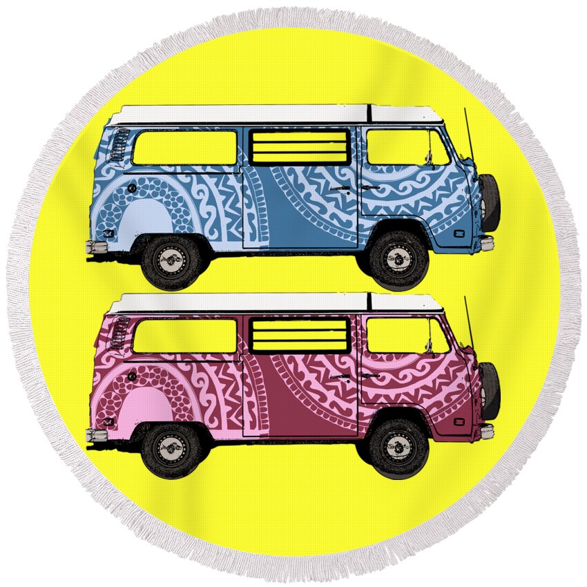 Two Round Beach Towel featuring the digital art Two VW Vans by Piotr Dulski
