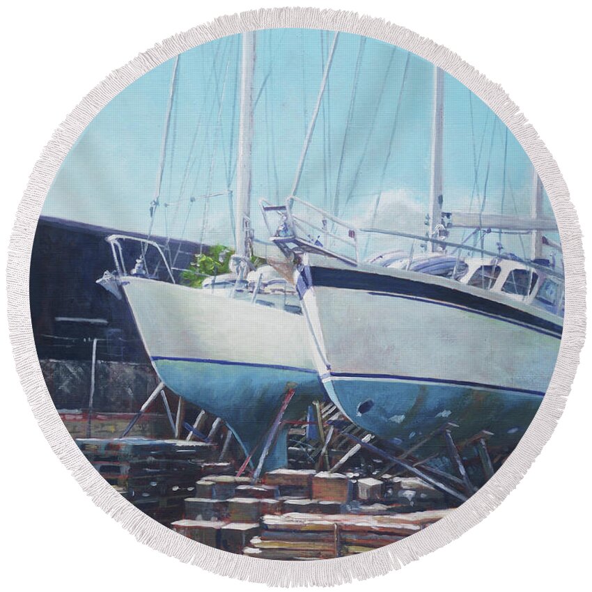 Yachts Round Beach Towel featuring the painting Two yachts receiving maintenance in a yard by Martin Davey
