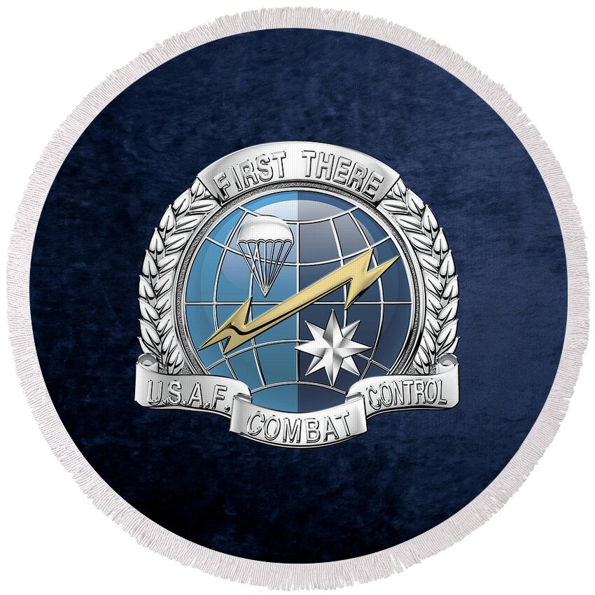 'military Insignia & Heraldry' Collection By Serge Averbukh Round Beach Towel featuring the digital art U. S. Air Force Combat Control Teams - Combat Controller C C T Badge over Blue Velvet by Serge Averbukh