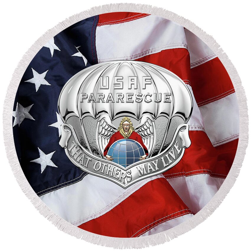 'military Insignia & Heraldry' Collection By Serge Averbukh Round Beach Towel featuring the digital art U. S. Air Force Pararescuemen - P J Badge over American Flag by Serge Averbukh