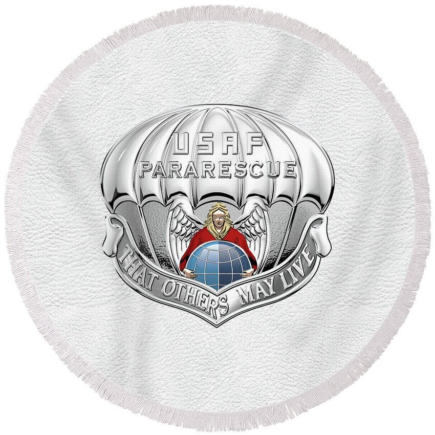 'military Insignia & Heraldry' Collection By Serge Averbukh Round Beach Towel featuring the digital art U. S. Air Force Pararescuemen - P J Badge over White Leather by Serge Averbukh