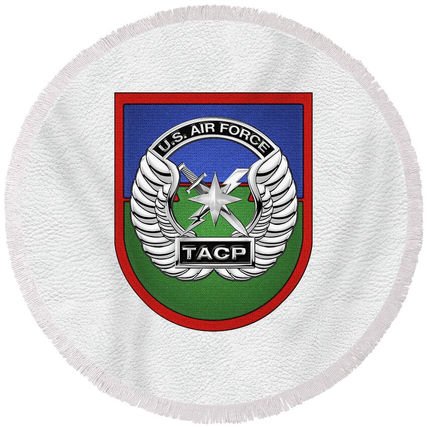 'military Insignia & Heraldry' Collection By Serge Averbukh Round Beach Towel featuring the digital art U. S. Air Force Tactical Air Control Party - T A C P Beret Flash With Crest over White Leather by Serge Averbukh