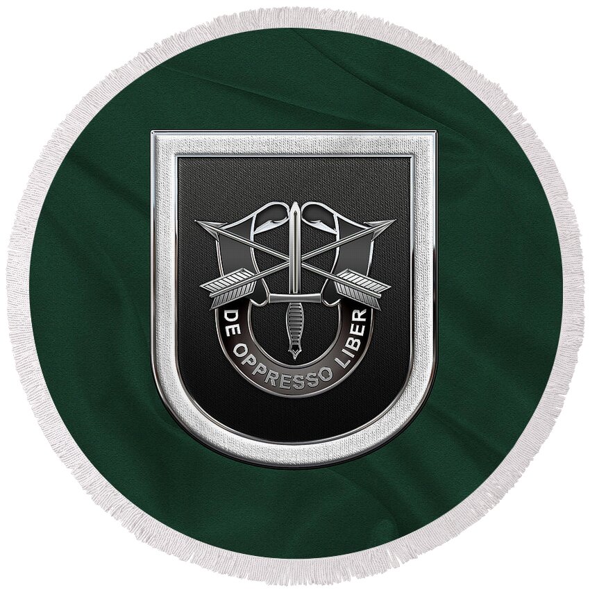 'u.s. Army Special Forces' Collection By Serge Averbukh Round Beach Towel featuring the digital art U. S. Army 5th Special Forces Group - 5 S F G Beret Flash over Green Beret Felt by Serge Averbukh