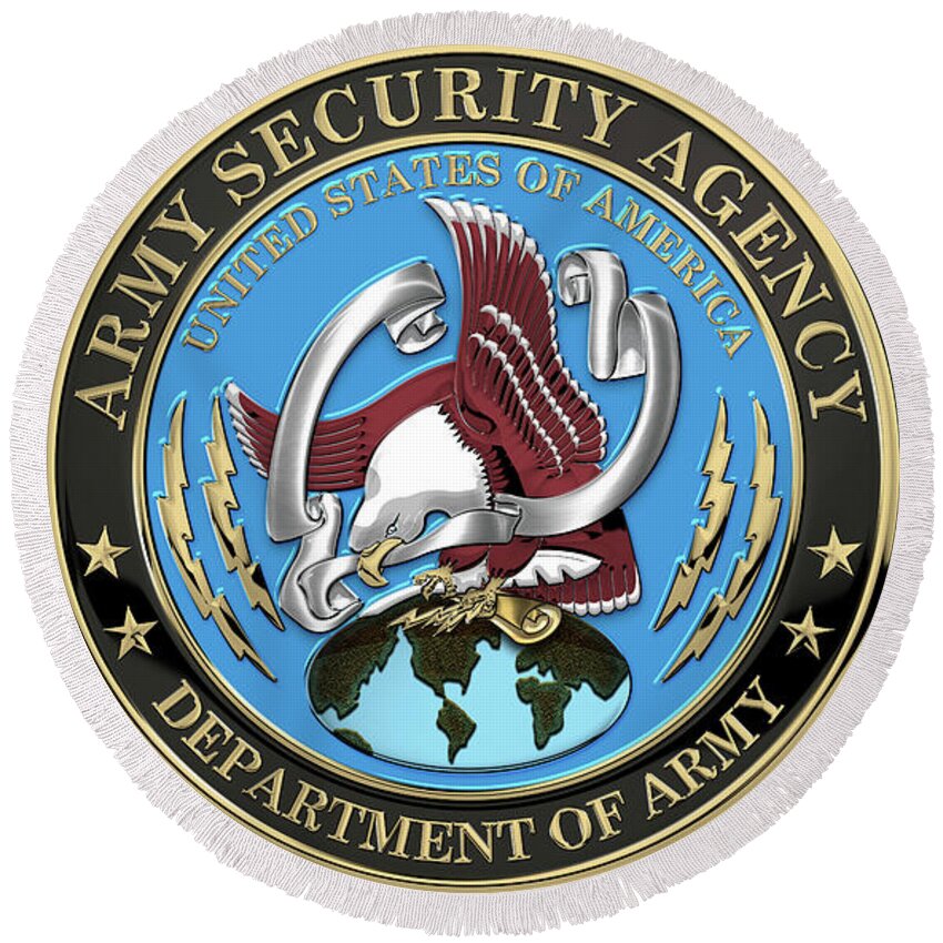 ‘military Insignia 3d’ Collection By Serge Averbukh Round Beach Towel featuring the digital art U. S. Army Security Agency - A S A Emblem over White Leather by Serge Averbukh