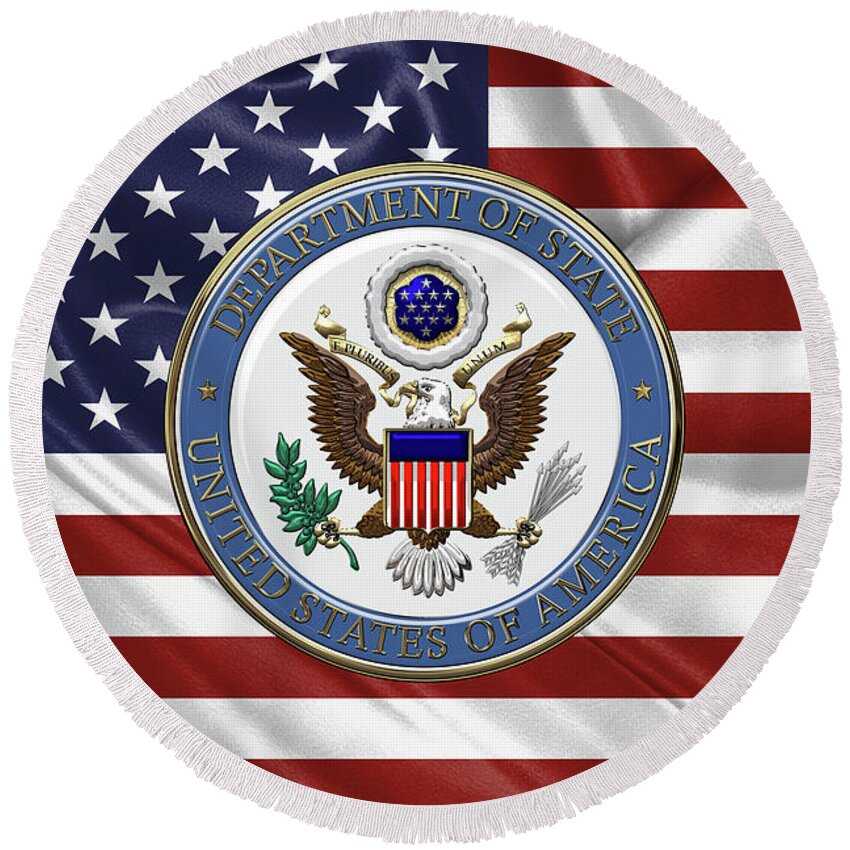 �insignia 3d� By Serge Averbukh Round Beach Towel featuring the digital art U. S. Department of State - Emblem over American Flag by Serge Averbukh