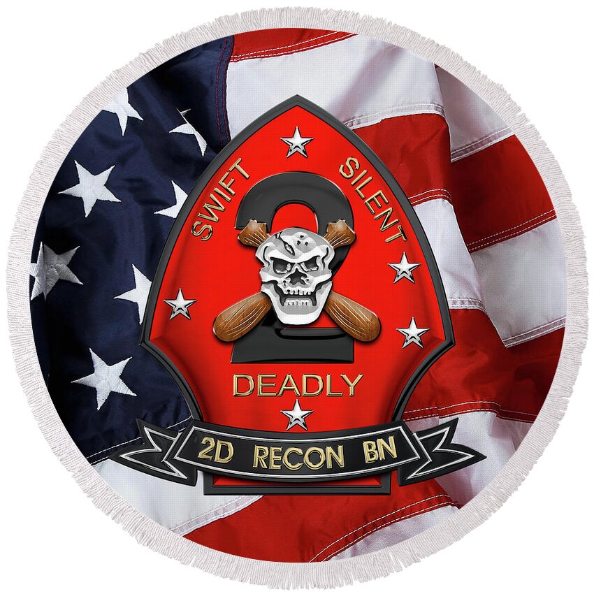 'military Insignia & Heraldry' Collection By Serge Averbukh Round Beach Towel featuring the digital art U S M C 2nd Reconnaissance Battalion - 2nd Recon Bn Insignia over American Flag by Serge Averbukh