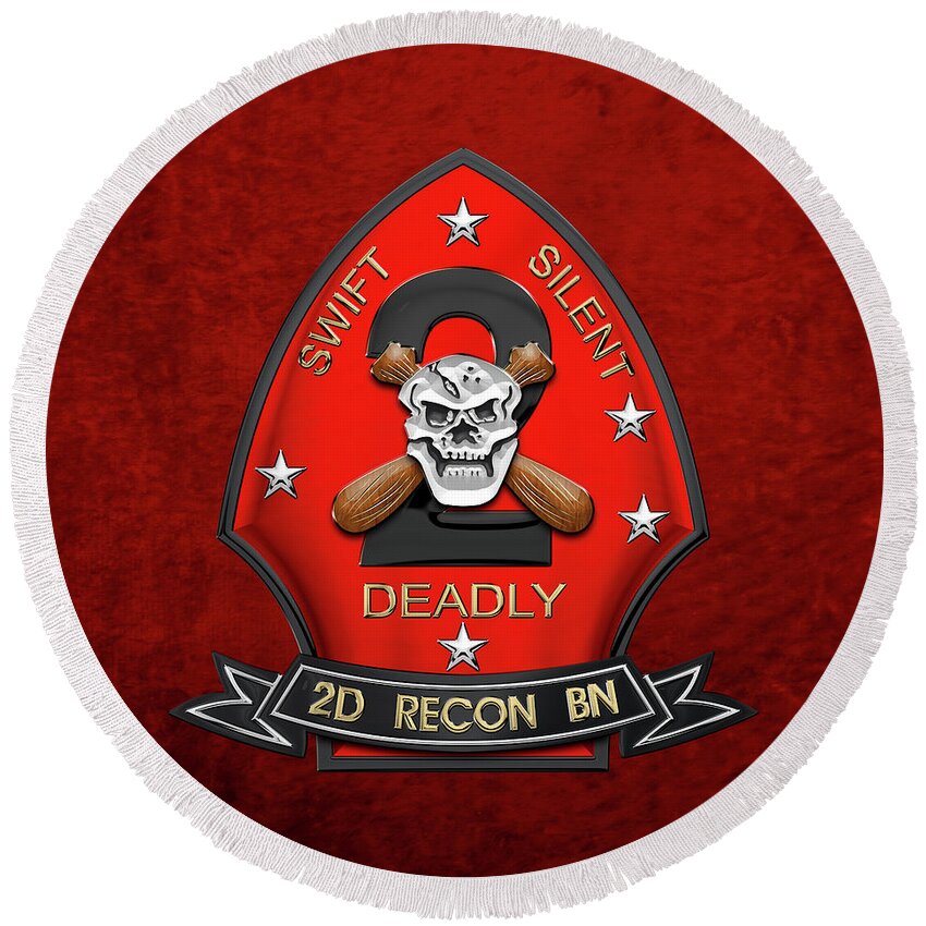 'military Insignia & Heraldry' Collection By Serge Averbukh Round Beach Towel featuring the digital art U S M C 2nd Reconnaissance Battalion - 2nd Recon Bn Insignia over Red Velvet by Serge Averbukh