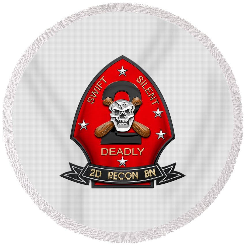 'military Insignia & Heraldry' Collection By Serge Averbukh Round Beach Towel featuring the digital art U S M C 2nd Reconnaissance Battalion - 2nd Recon Bn Insignia over White Leather by Serge Averbukh