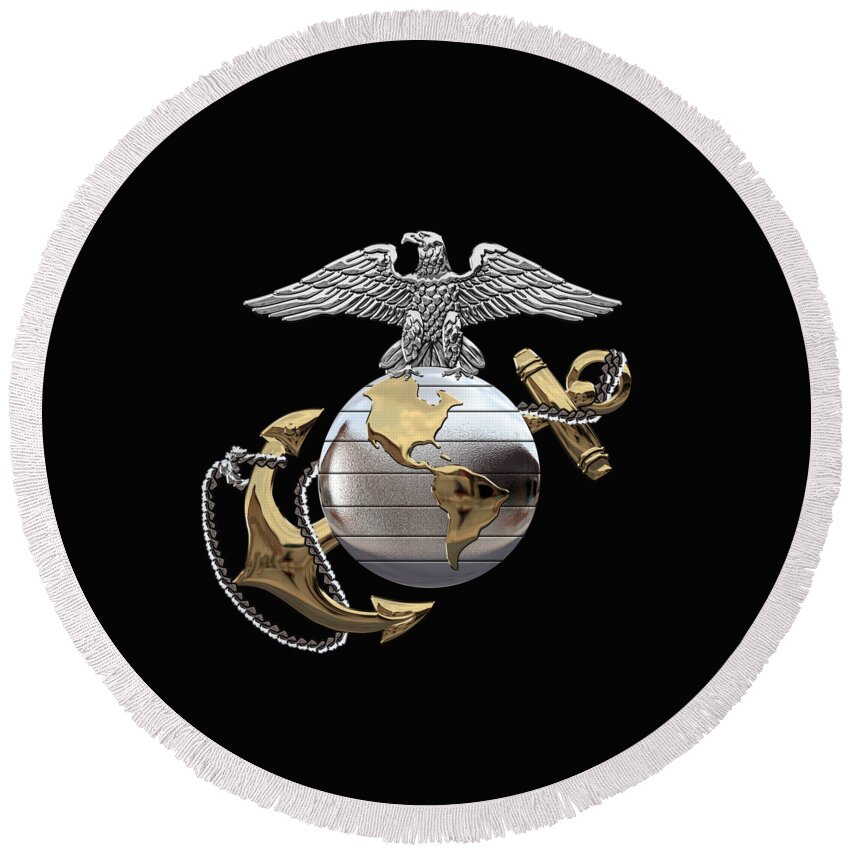 'usmc' Collection By Serge Averbukh Round Beach Towel featuring the digital art U S M C Eagle Globe and Anchor - C O and Warrant Officer E G A over Black Velvet by Serge Averbukh