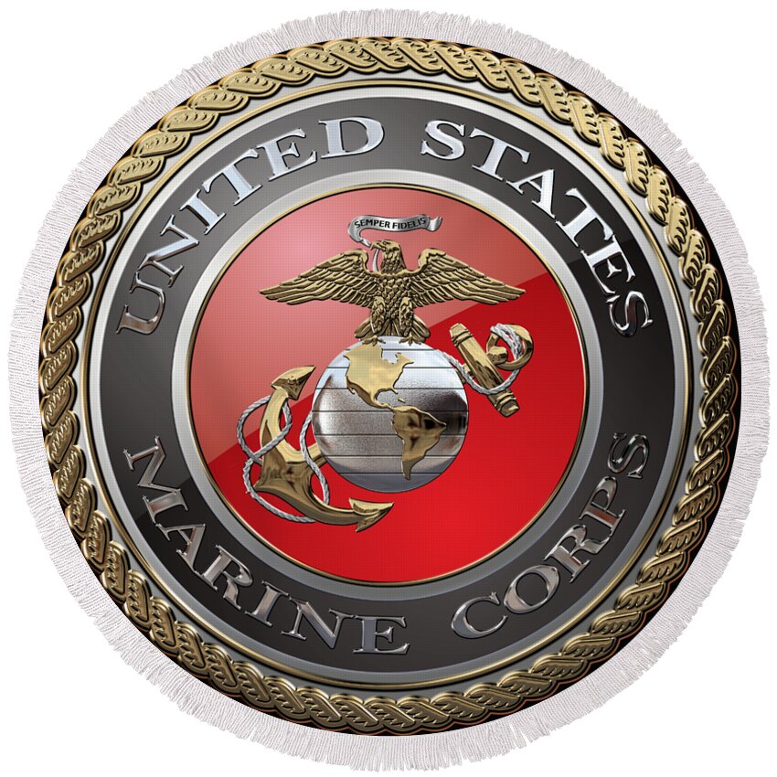 'usmc' Collection By Serge Averbukh Round Beach Towel featuring the digital art U. S. Marine Corps - U S M C Emblem over Black Velvet by Serge Averbukh