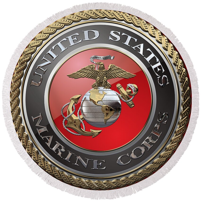 'usmc' Collection By Serge Averbukh Round Beach Towel featuring the digital art U. S. Marine Corps - U S M C Emblem over Red Velvet by Serge Averbukh