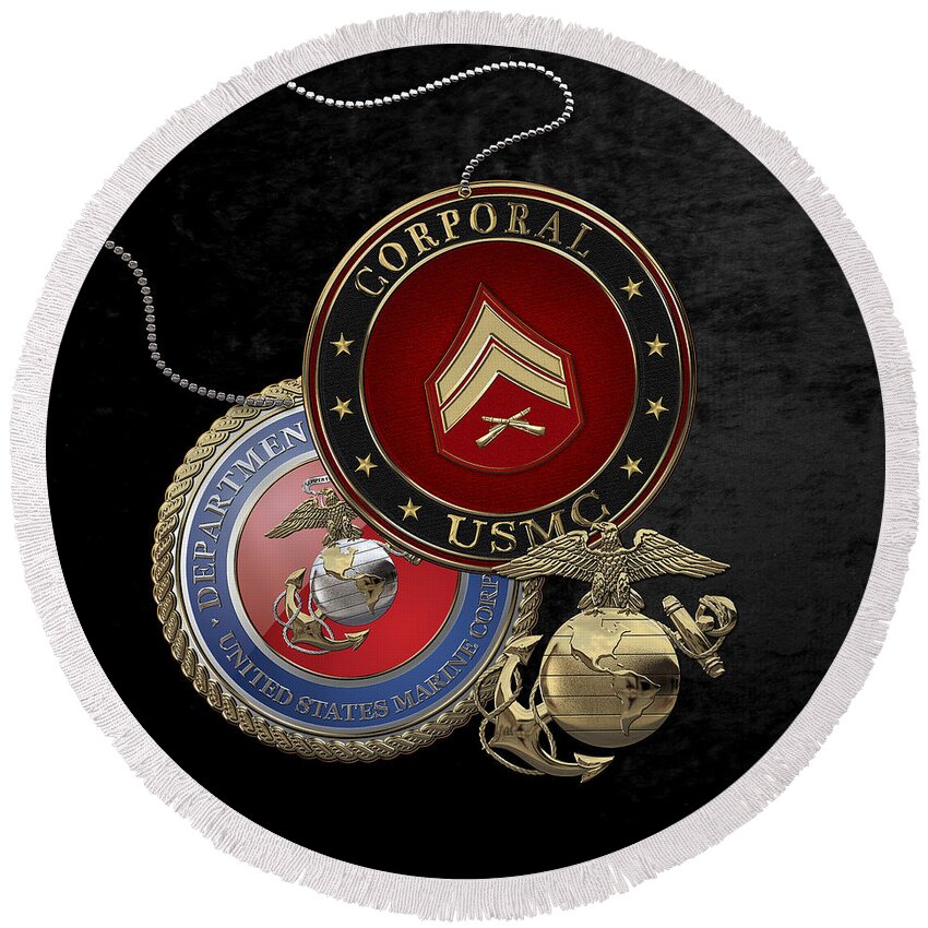 �military Insignia 3d� By Serge Averbukh Round Beach Towel featuring the digital art U. S. Marines Corporal Rank Insignia over Black Velvet by Serge Averbukh