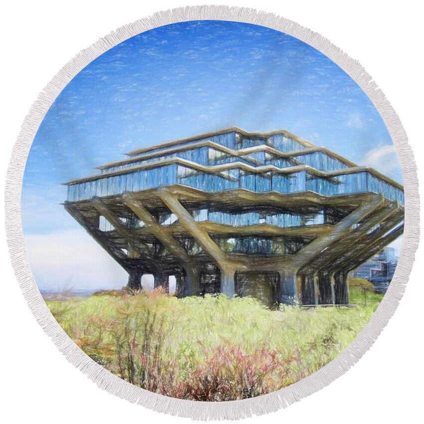 Ucsd Round Beach Towel featuring the digital art UCSD Library Drawing by Nancy Ingersoll