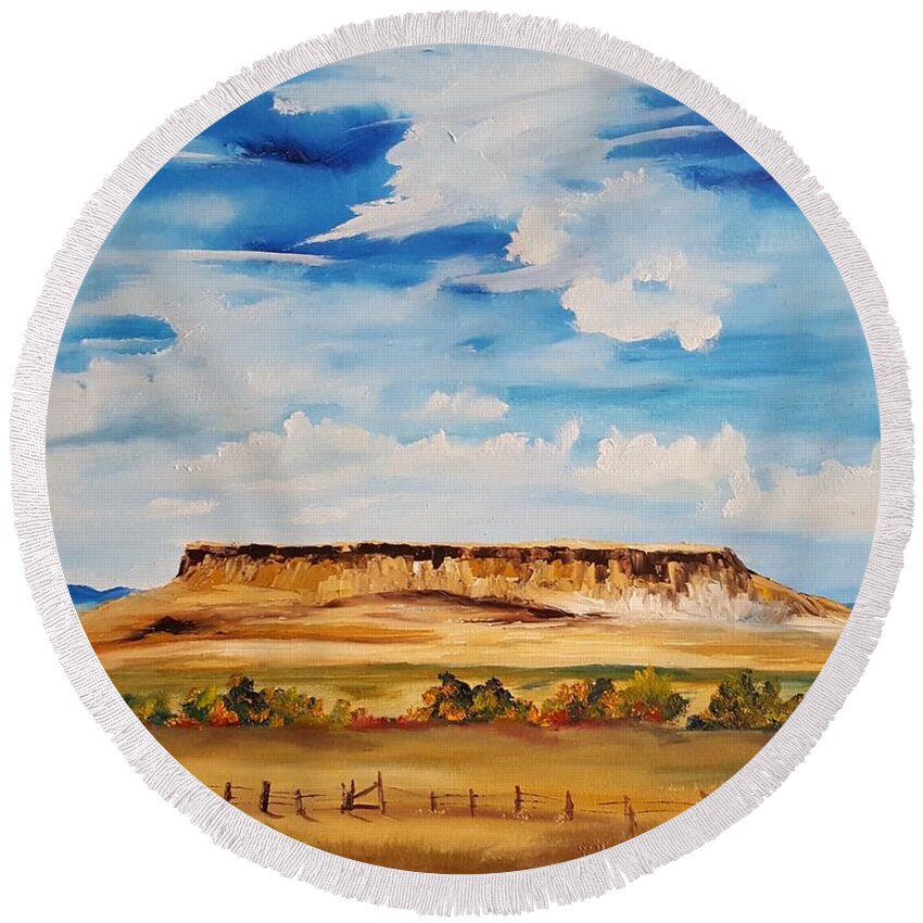 First Peoples Buffalo Jump Round Beach Towel featuring the painting Ulm Montana First People's Buffalo Jump  93 by Cheryl Nancy Ann Gordon