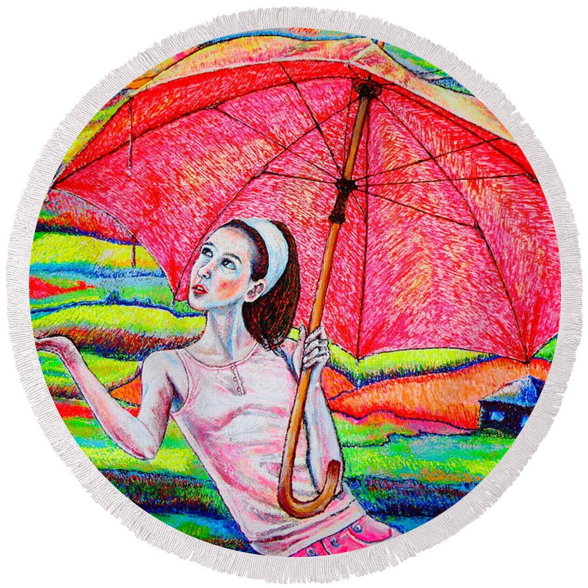 Landscape Round Beach Towel featuring the painting Umbrella.girl by Viktor Lazarev