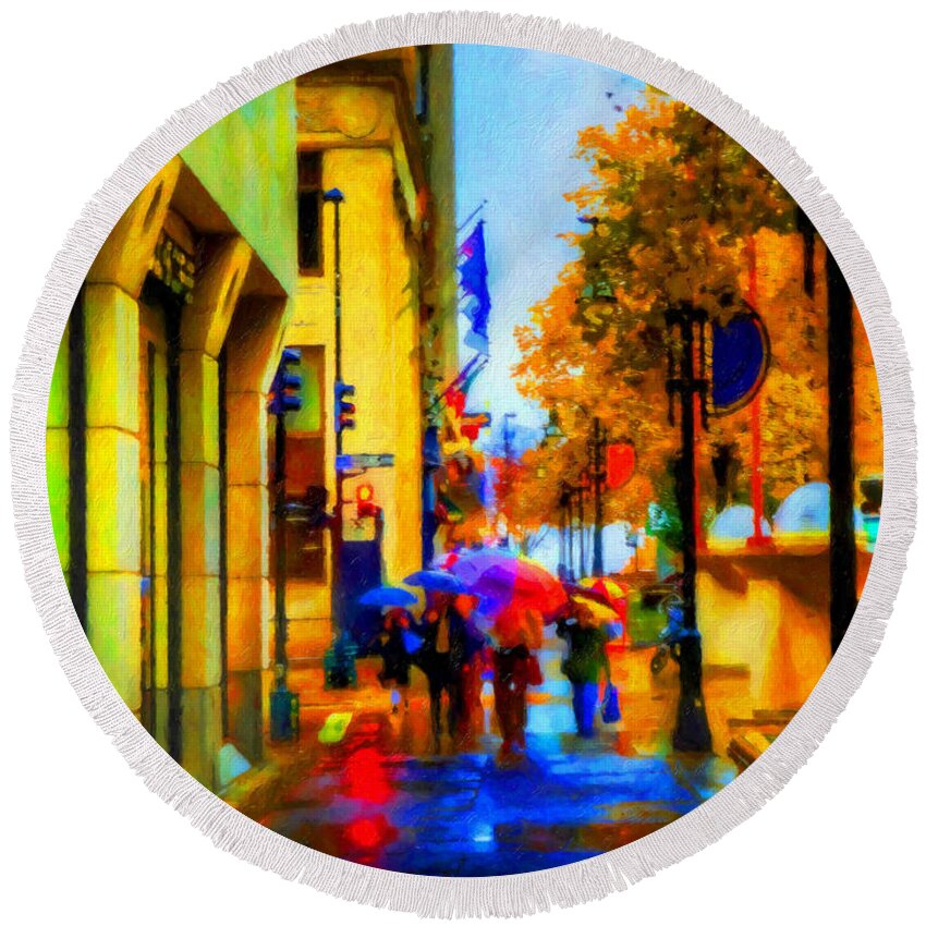 Impressionism Round Beach Towel featuring the photograph Umbrellas in Madison by Rod Melotte