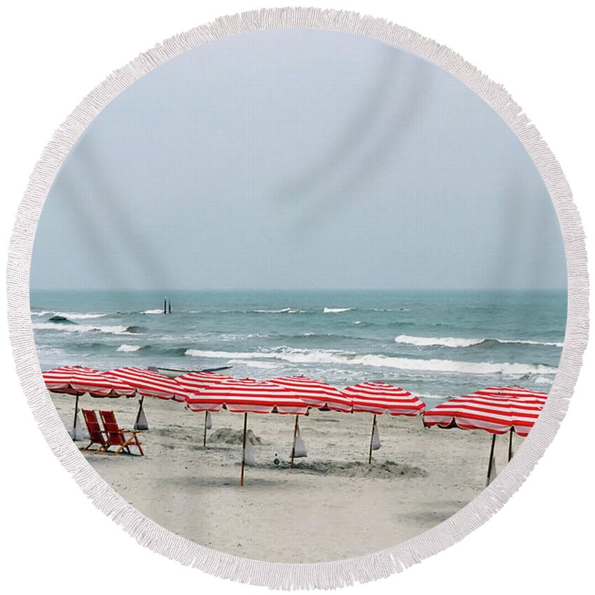 Beach Umbrellas Round Beach Towel featuring the photograph Umbrellas Waiting by Nicki McManus