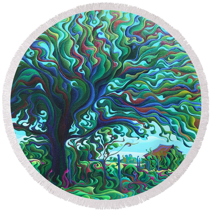 Tree Round Beach Towel featuring the painting UmBrOaken Stillness by Amy Ferrari