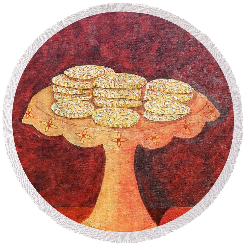 Mexican Pastries Round Beach Towel featuring the painting Unas galletas mexicanas by Manny Chapa