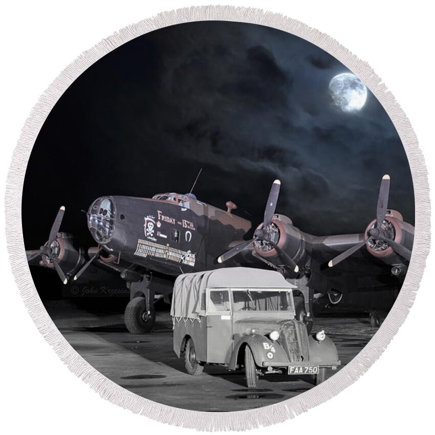 Handley Page Round Beach Towel featuring the digital art Under a Bombers Moon by Airpower Art