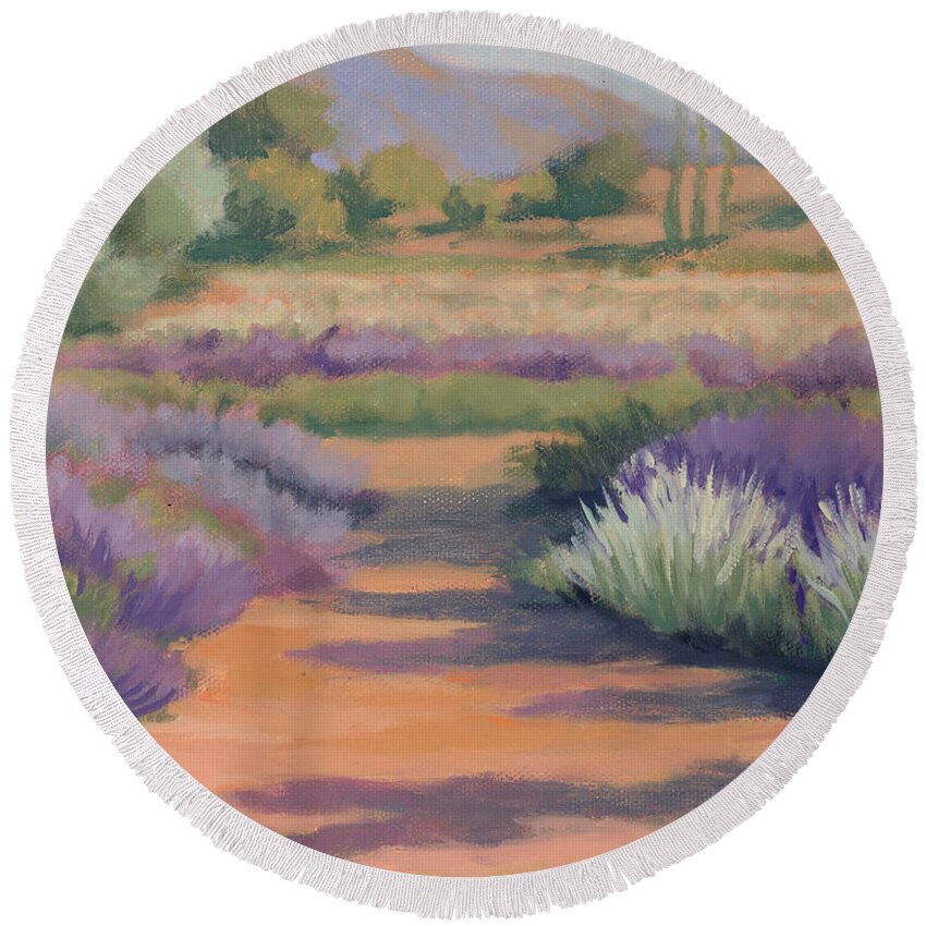 Lavender Fields Round Beach Towel featuring the painting Under a Summer Sun in Lavender Fields by Sandy Fisher