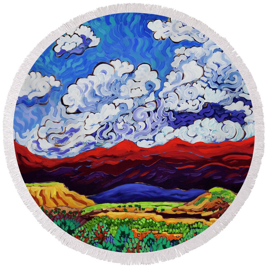Colorful Southwest Landscape Round Beach Towel featuring the painting Under New Mexico Skies by Cathy Carey