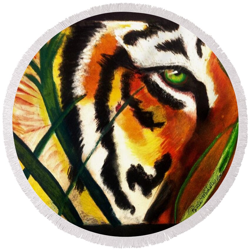 Tiger Round Beach Towel featuring the painting Under Scrutiny by Renee Michelle Wenker
