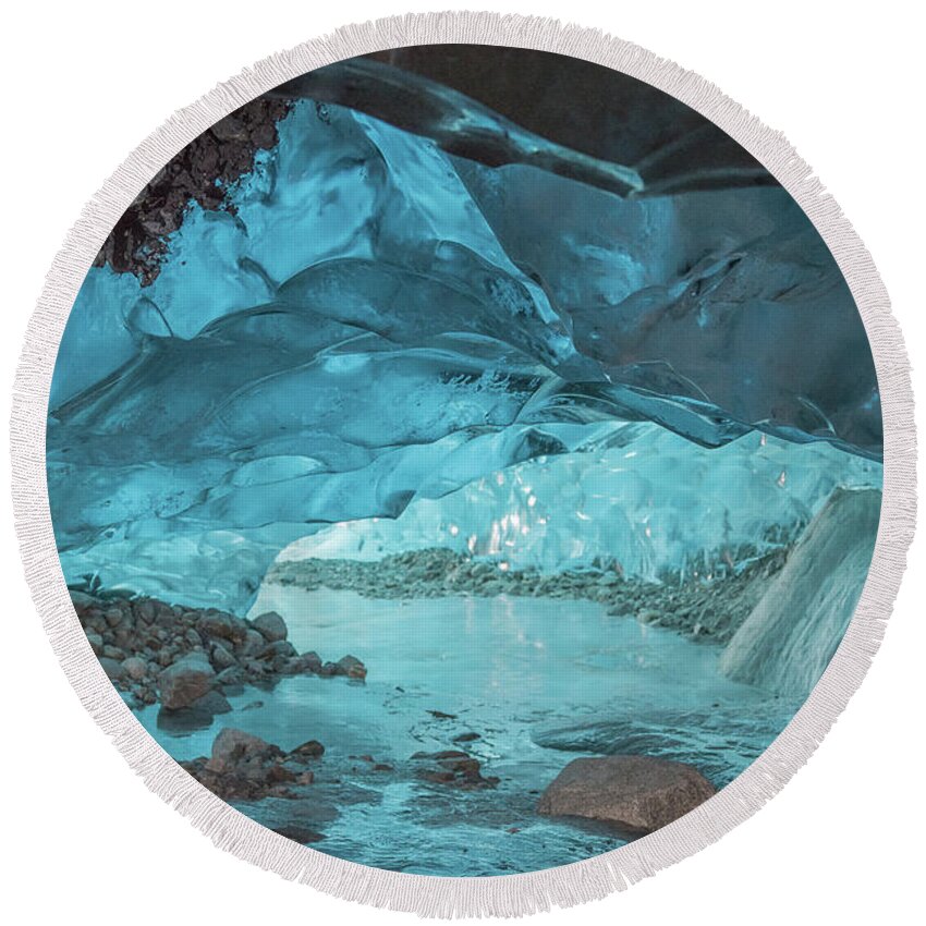 Ice Caves Round Beach Towel featuring the photograph Under The Glacier by David Kirby