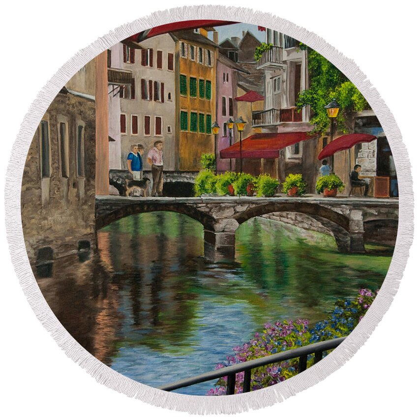 Annecy France Art Round Beach Towel featuring the painting Under the Umbrella in Annecy by Charlotte Blanchard
