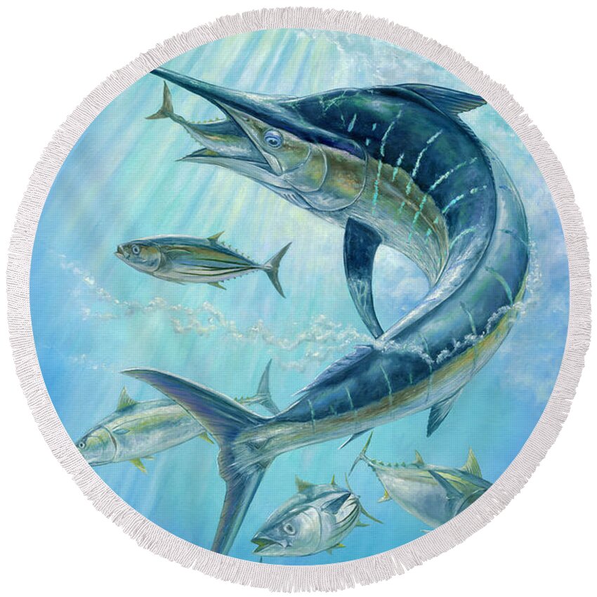 Blue Marlin Round Beach Towel featuring the painting Underwater Hunting by Terry Fox