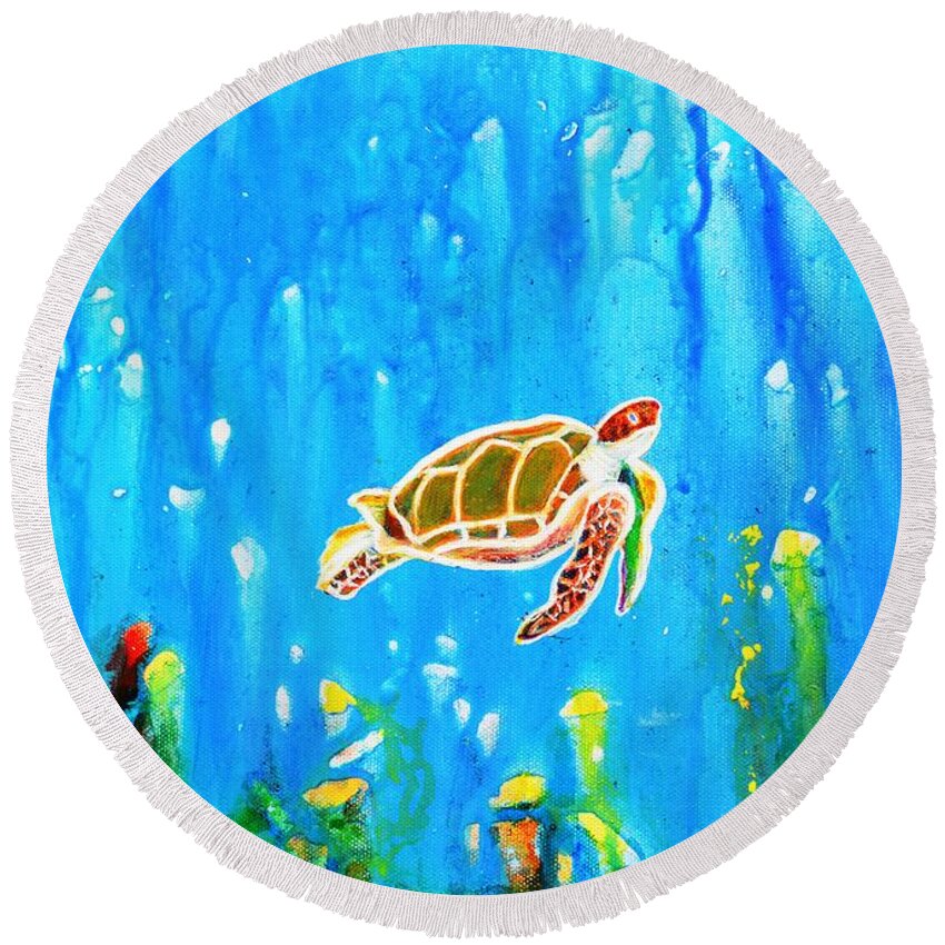 Turtle Round Beach Towel featuring the painting Underwater Magic 5-Happy Turtle by Manjiri Kanvinde