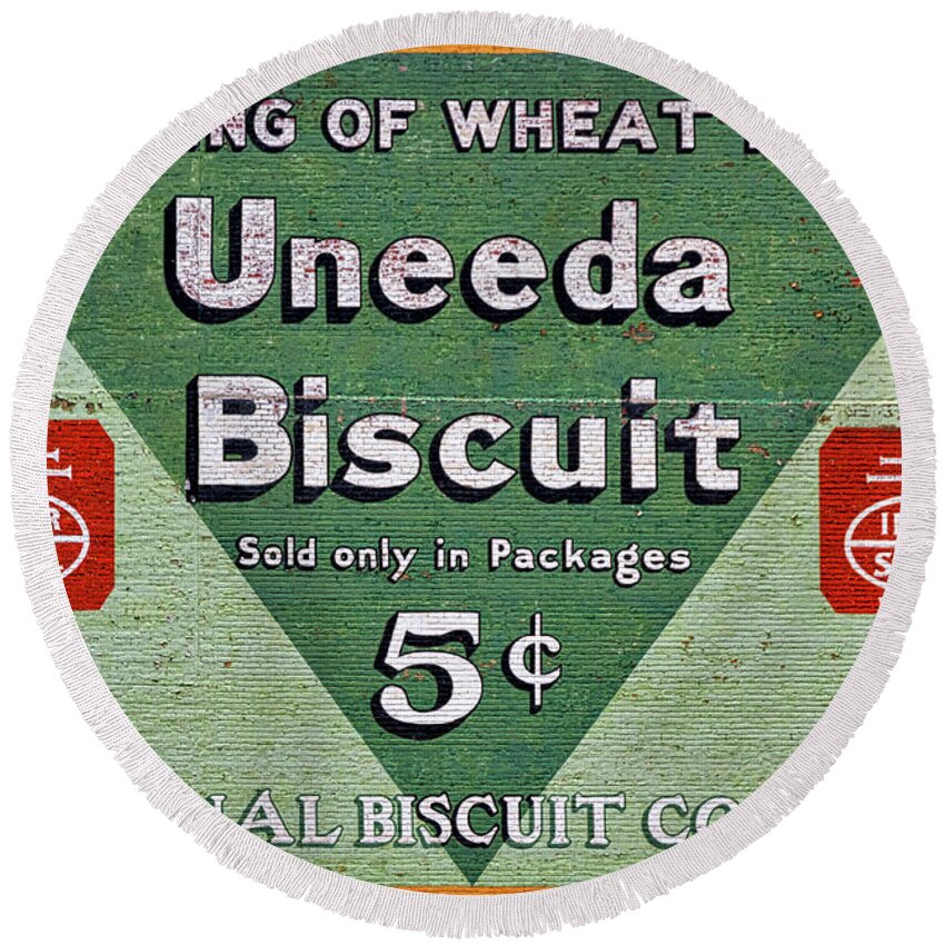 Roanoke Round Beach Towel featuring the photograph Uneeda Biscuit Vintage Sign by Stuart Litoff