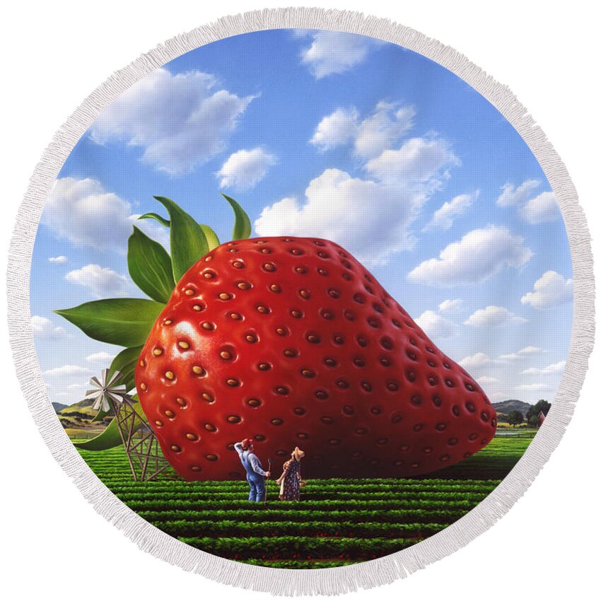 Strawberry Round Beach Towel featuring the painting Unexpected Growth by Jerry LoFaro