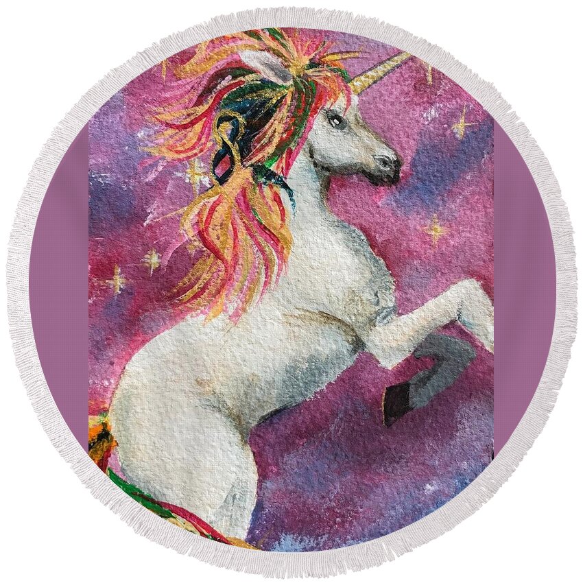 Unicorn Round Beach Towel featuring the painting Unicorn Magic by Deborah Naves