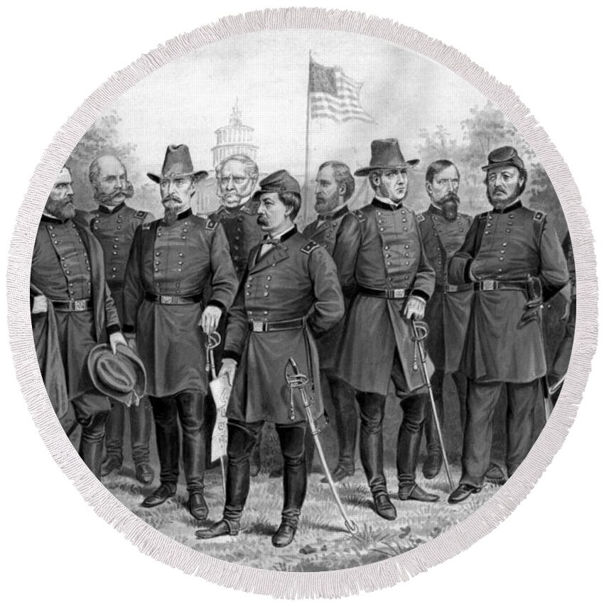 Civil War Round Beach Towel featuring the painting Union Generals of The Civil War by War Is Hell Store