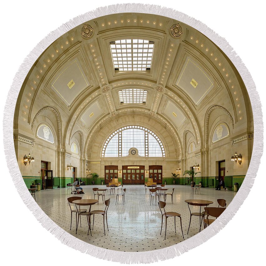 Amtrak Round Beach Towel featuring the photograph Union Station Seattle by Jerry Fornarotto